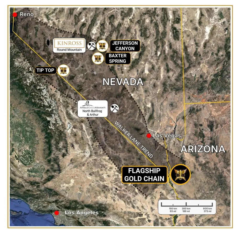 Project location map — the flagship Gold Chain Project in Arizona and the Tip Top, Jefferson Canyon and Baxter Spring projects in Nevada, along the Walker Lane Trend