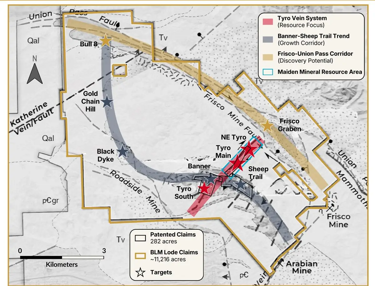 Gold Chain Project claim map showing the Tyro Vein System, Banner–Sheep Trail Trend and Frisco Graben–Union Pass Trend, Mohave County, Arizona