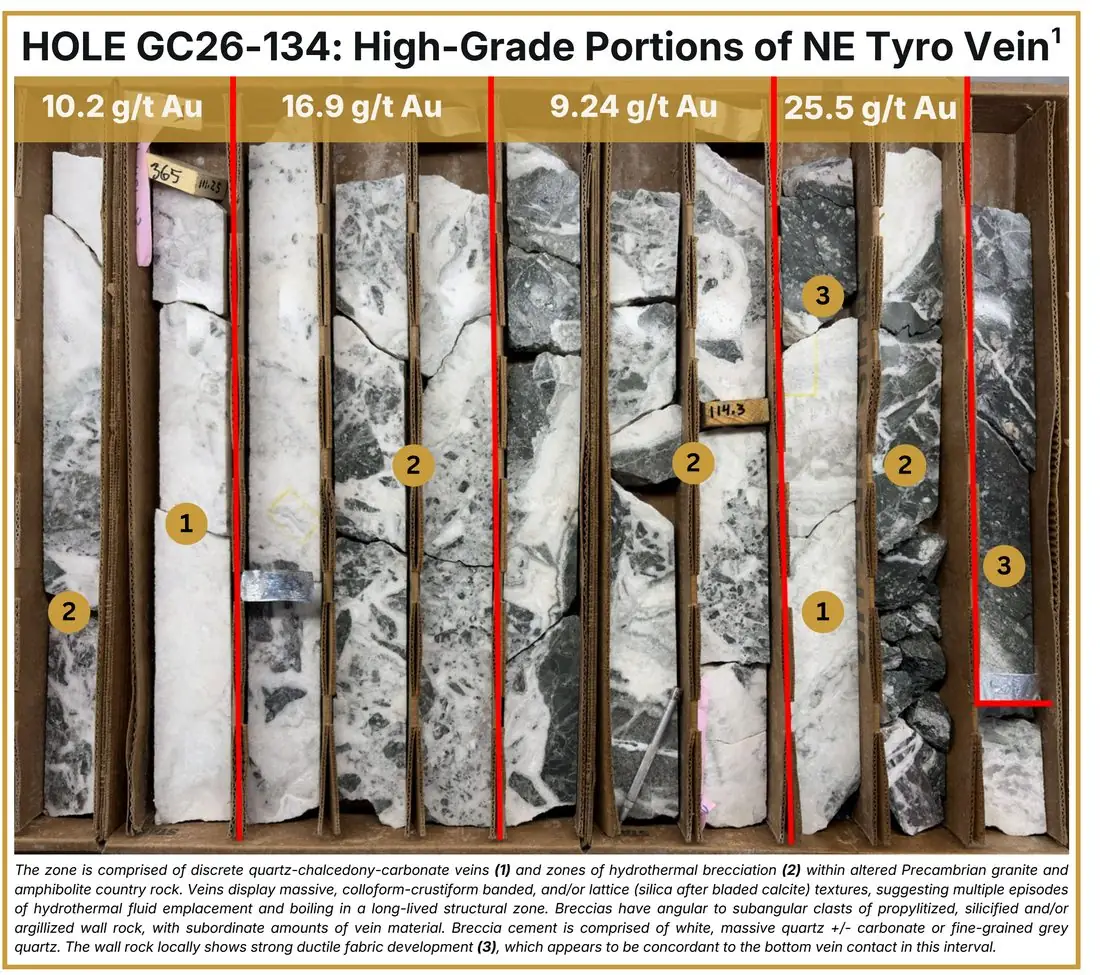 Drill core from hole GC26-134 showing high-grade portions of the Northeast Tyro vein