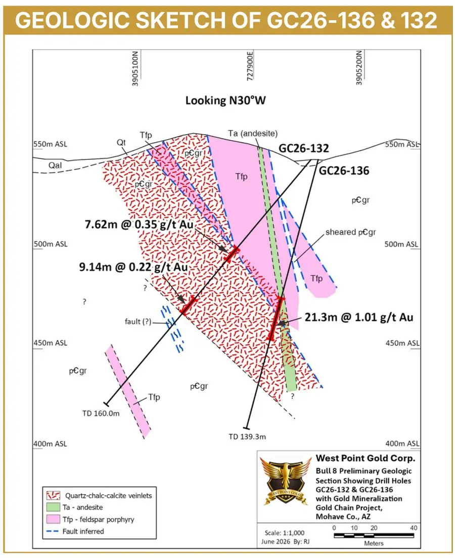 Preliminary geologic section at Bull 8 showing drill holes GC26-132 and GC26-136 with gold mineralization