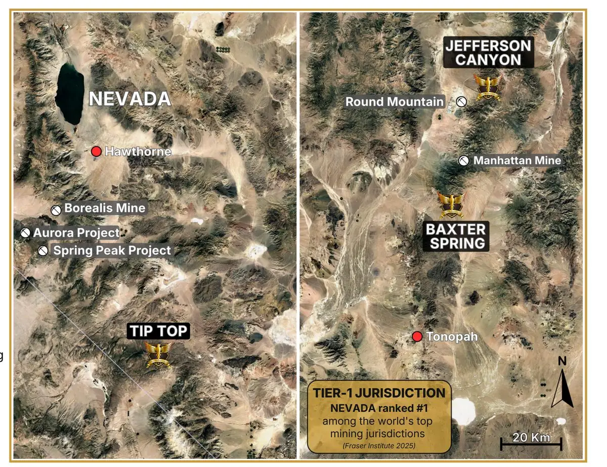 Nevada project locations — Tip Top, Baxter Spring and Jefferson Canyon relative to Round Mountain, Borealis and Aurora